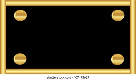 gold frame with screws bolt on a black background, space for labelling