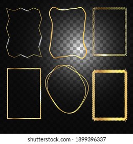 Gold frame. Set with abstract frames. For designs and photos. Glowing sparkles and isolated, transparent background.