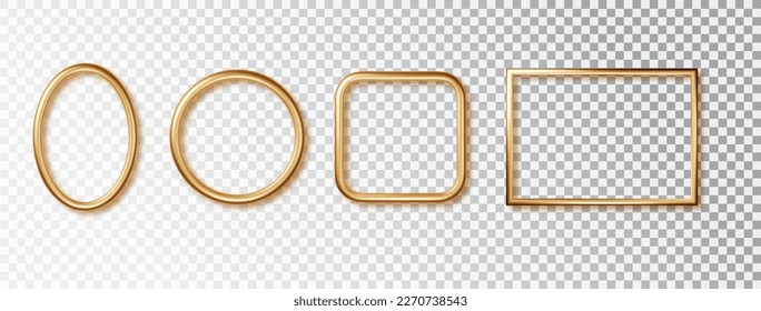 Gold frame set of different shapes isolated. Realistic gold metal frame template. Design with place for inscriptions isolated on transparent background.