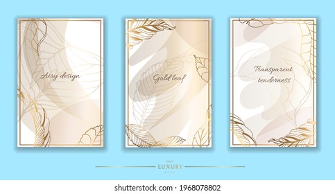 Gold frame. Set of gilded leaves and twigs and spots. Contemporary dotted design. Vector illustration.