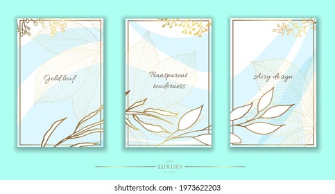Gold frame. Set of gilded leaves and branches. Modern spot design. Vector illustration.