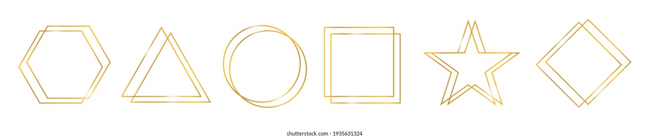 Gold frame set. Luxury thin line border on white background. Realistic 3d glamour template. Geometrical golden rich frames. Vector illustration.