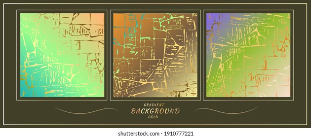 Marco dorado. Un conjunto de tres texturas. Kintahora en un fondo degradado. Textura de oro. Efecto roto de piedra de mármol de lujo. Papel de escritorio con gráficos brillantes. Plantilla de tarjeta de boda.