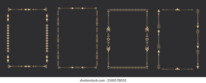 Gold frame set with tribal native indian arrow, ornament. Border thin line divider decoration with feather, simple motif.