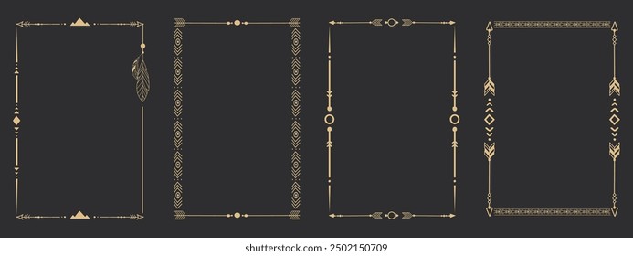 Gold frame set with tribal native indian arrow, ornament. Border thin line divider decoration with feather, simple motif.