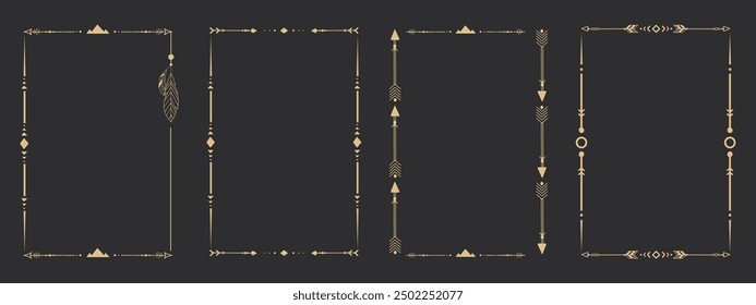 Gold frame set with tribal native indian arrow, ornament. Border thin line divider decoration with feather, simple motif.