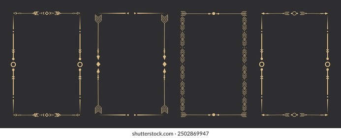 Gold frame set with tribal native indian arrow, ornament. Border thin line divider decoration with feather, simple motif.