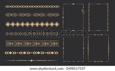 Gold frame set with tribal native indian arrow, ornament. Border thin line divider decoration with feather, simple motif.