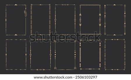 Gold frame set with tribal native indian arrow, ornament. Border thin line divider decoration with feather, simple motif.