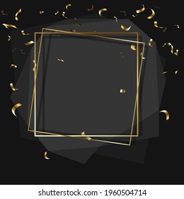 Gold frame with shadow on black background with confetti. Vector.