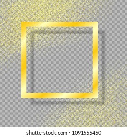 Gold frame with shadow, on isolated transparent background, with gold dust. Gold glitter. Vector illustration.