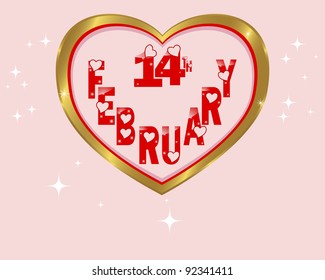 Gold frame in the shape of heart with date on February, 14 th. EPS 8 Vector illustration.