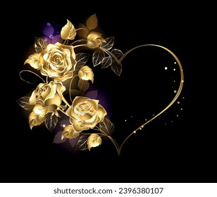 Gold frame in the shape of heart, decorated with gold, jewelry, sparkling roses with gold leaves on black, luminous background. Gold Rose. Hand drawn vector art.