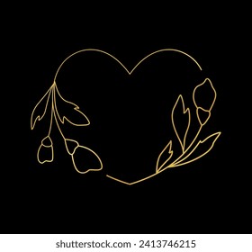 Gold frame in the shape of a heart with flowers, made with a thin gold line. Linear design element, border with botanical motif. Valentine's Day card template. Vector illustration.