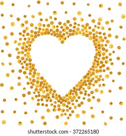 Gold frame in the shape of heart on white background. Pattern of golden acrylic confetti. Design element for festive banner, card, invitation, label, postcard, vignette. Vector illustration.