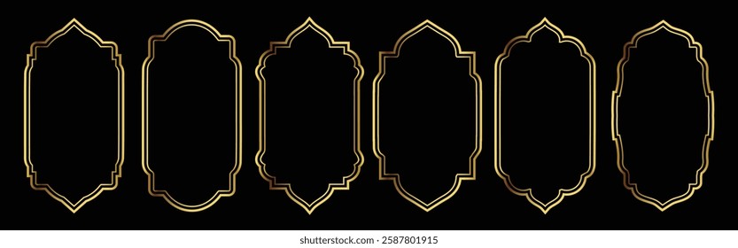Gold frame shape Islamic door or window with geometric pattern, silhouette Arabic arch. Luxury set in oriental style. Frames in Arabic Muslim design for Ramadan Kareem. Vector illustration