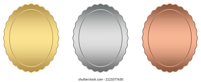 Gold frame, Silver frame, Bronze frame. Oval Waved picture border vector set on white isolated back.
Medal or Border Vector Illustration with smooth gradients in antique waved frame design.