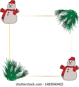 Gold frame with snowmans and christmas tree branches. Vector colorful illustration. Design for New Year or Xmas postcard, poster, invitation.