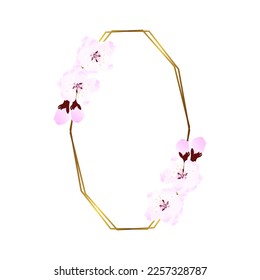 Gold frame with soft pink flowers. Wedding invitation template. Vector illustration. A wreath of cherry blossoms. Spring cherry blossoms. Symbol of love