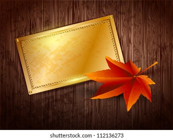Gold frame with space for text and autumn leaves on a wooden background. Vector. Part of set.
