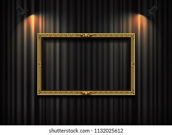 gold frame with spotlight on curtain background vector