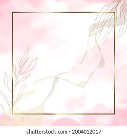 Gold frame square. Luxury square banner with watercolor stains and golden branches. Abstract pink background, watercolor stains. Vector illustration.