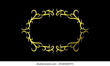 Gold frame with symmetrical plant carved pattern, hand drawn vector illustration isolated on black background