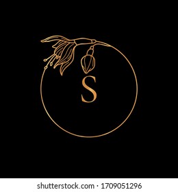 Gold frame template Fuchsia Flower and monogram concept with the letter S in minimal linear style. Vector floral logo with copy space for text. Emblem for Cosmetics, Wedding, Fashion, Beauty