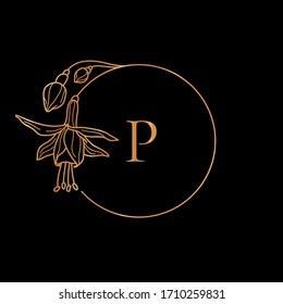 Gold frame template Fuchsia Flower and monogram concept with the letter P in minimal linear style. Vector floral logo with copy space for text. Emblem for Cosmetics, Wedding, Fashion, Beauty