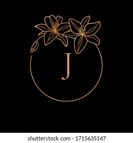 Gold frame template Lily Flower and monogram concept with the letter J in minimal linear style. Vector floral logo with copy space for text. Emblem for Cosmetics, Fashion, Beauty