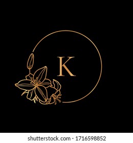 Gold frame template Lily Flower and monogram concept with the letter K in minimal linear style. Vector floral logo with copy space for text. Emblem for Cosmetics, Fashion, Beauty