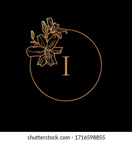 Gold frame template Lily Flower and monogram concept with the letter I in minimal linear style. Vector floral logo with copy space for text. Emblem for Cosmetics, Fashion, Beauty