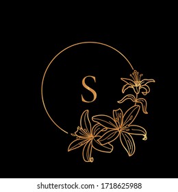 Gold frame template Lily Flower and monogram concept with the letter S in minimal linear style. Vector floral logo with copy space for text. Emblem for Cosmetics, Fashion, Beauty