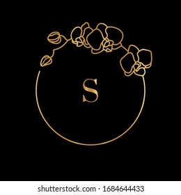 Gold frame template Orchid Flower and monogram concept with the letter S in minimal linear style. Vector floral logo with copy space for text. Emblem for Cosmetics, Medicines, Food, Fashion, Beauty
