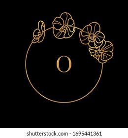 Gold frame template Orchid Flower and monogram concept with the letter O in minimal linear style. Vector floral logo with copy space for text. 