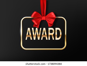 gold frame with the text award, suspended on a red ribbon with a bow. vector