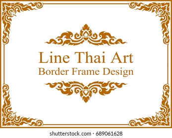 Gold frame with Thai style border, line corners. Decoration wood style vector design pattern floral for picture frame.