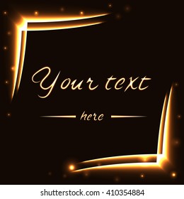 Gold frame tracing effect. Glowing fire trace square. Sparkle trail on black background. Glitter line. Flying sparkling flash lights. Modern graphic design for banner, logo, card. Vector illustration.