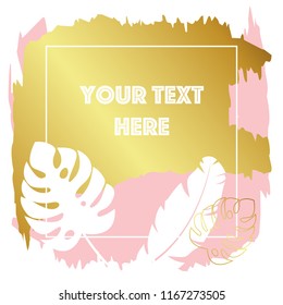 Gold frame with tropical leaves on a pink background. Monstera, palm, banana. White silhouettes of leaves. Vector illustration. Suitable for registration of inscriptions: discounts, congratulations.
