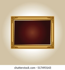 gold frame vector on wall background.Vector frame design decoration pattern style. 