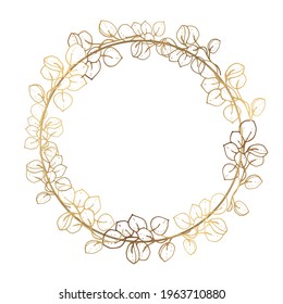 Gold frame. Vector round frame with golden branches in vintage style. White background. Place for an inscription. 3d effect