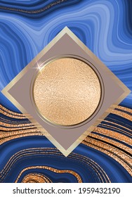 Gold frame. Vector round frame. Rhombus. Marble blue background with gold. Place for an inscription. 3D gold effect. Button.