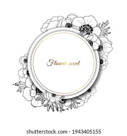 Marco dorado. Marco circular vectorial con flores de verano de estilo vintage. Ilustración en blanco y negro. Colocar para una inscripción. 3.ᵉʳ efecto