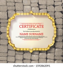 Gold frame in vintage retro style on the background of stone pavers. Gift certificate template. Vector illustration