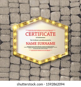 Gold frame in vintage retro style on the background of stone pavers. Gift certificate template. Vector illustration