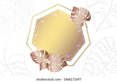 Gold frame. Watercolor wedding invitation card with golden monstera leaves. Gold outline heptagonal geometric frame. Abstract background.