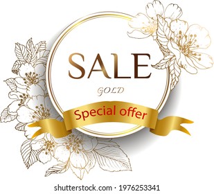 Gold frame. We offer sale banners vectors. 3D paper cut summer season. Leaves and flowers of cherry and apple tree. Female sale tag. Vector illustration. Place for an inscription.