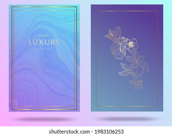 Gold frame. Wedding card template. Design for packaging in blue with a golden blooming twig. Blue marble with a gradient. Gift design option with place for text. Vector illustration.