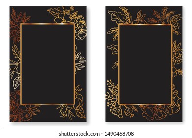 Gold frame wedding greeting cards abstract golden flower postcard shining frame business card