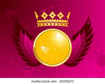 gold framed disco ball with crown and pink wings on a grunge background